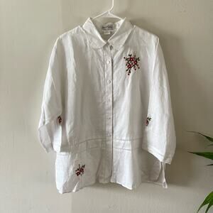 Jennifer Button-Up Shirt Womens 2X White 100% Ramie Flower Embroidered Lagenlook